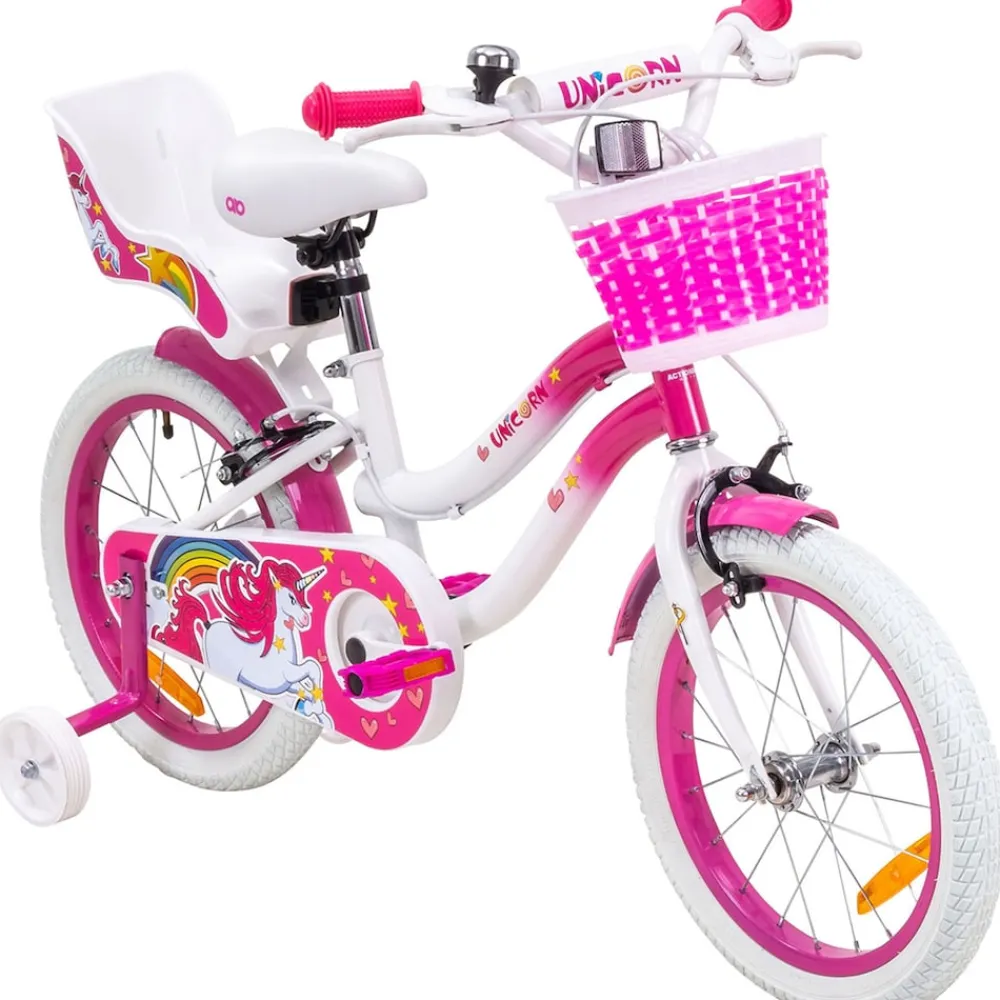 Actionbikes Motors Actionbikes Kinderfahrrad Unicorn 16 Zoll, Pink, Einhorn-Design, Puppensitz, Stützräder, Fahrradkorb Discount