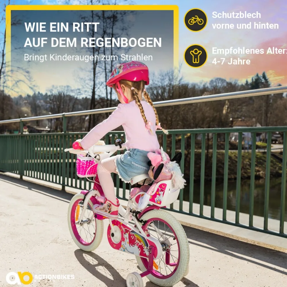 Actionbikes Motors Actionbikes Kinderfahrrad Unicorn 16 Zoll, Pink, Einhorn-Design, Puppensitz, Stützräder, Fahrradkorb Discount