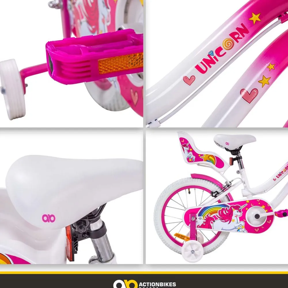 Actionbikes Motors Actionbikes Kinderfahrrad Unicorn 16 Zoll, Pink, Einhorn-Design, Puppensitz, Stützräder, Fahrradkorb Discount