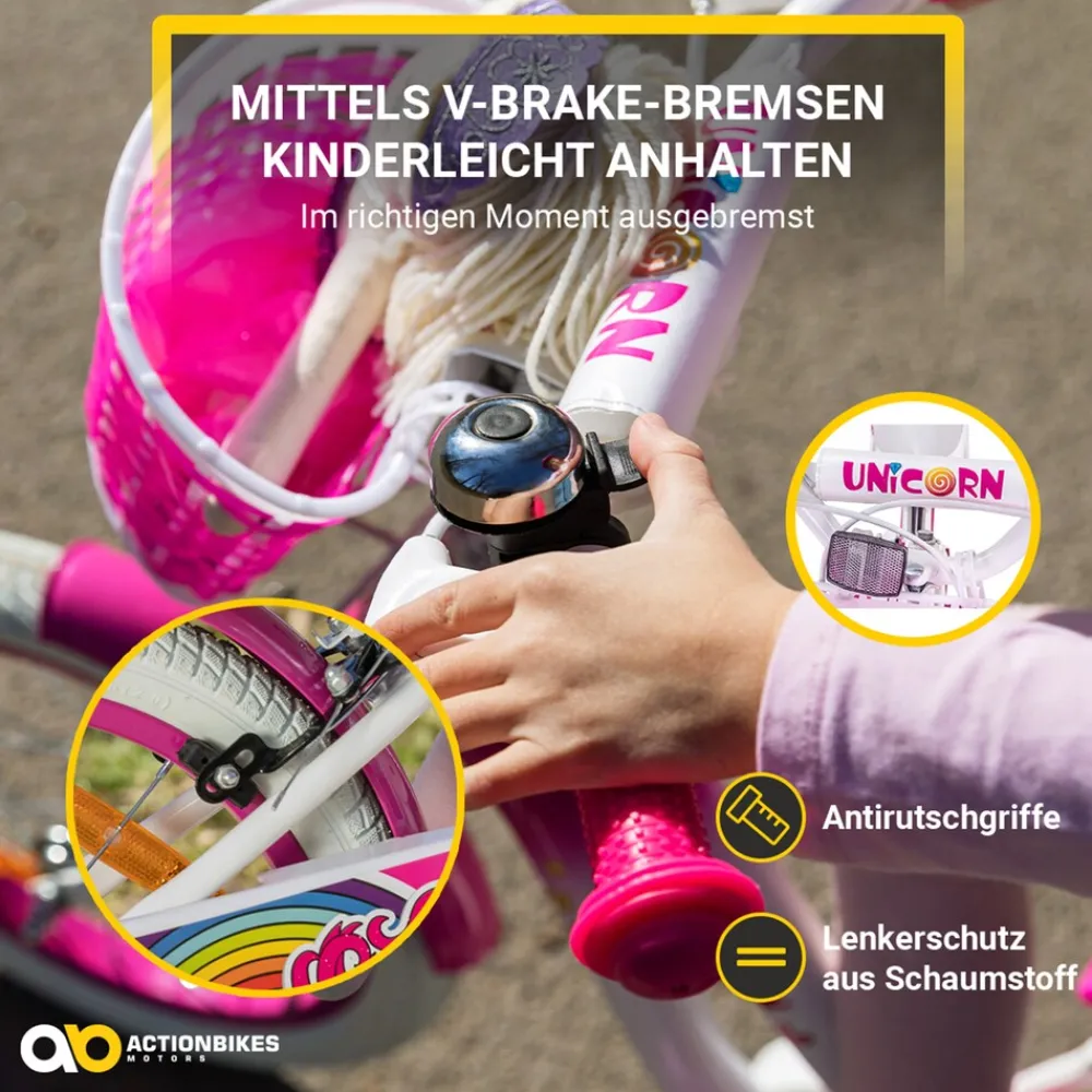 Actionbikes Motors Actionbikes Kinderfahrrad Unicorn 16 Zoll, Pink, Einhorn-Design, Puppensitz, Stützräder, Fahrradkorb Discount