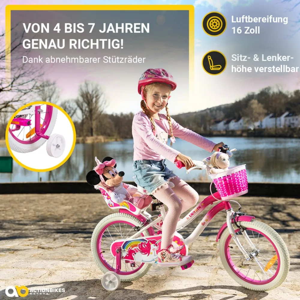 Actionbikes Motors Actionbikes Kinderfahrrad Unicorn 16 Zoll, Pink, Einhorn-Design, Puppensitz, Stützräder, Fahrradkorb Discount