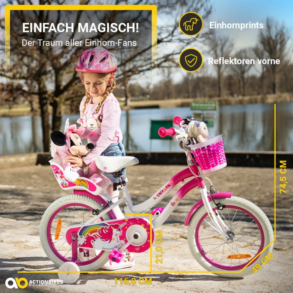 Actionbikes Motors Actionbikes Kinderfahrrad Unicorn 16 Zoll, Pink, Einhorn-Design, Puppensitz, Stützräder, Fahrradkorb Discount