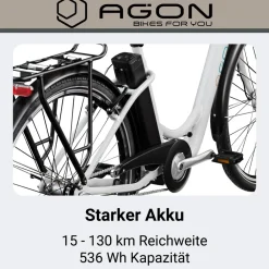 Agon Aurora 28 Zoll E-Bike 28 Zoll Citybike bis 130 km Damen Herren 150 - 175 cm Pedelec Elektrofahrrad 3 Gang und Beleuchtung StVZO telegrey