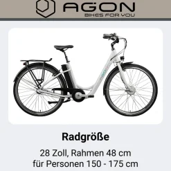 Agon Aurora 28 Zoll E-Bike 28 Zoll Citybike bis 130 km Damen Herren 150 - 175 cm Pedelec Elektrofahrrad 3 Gang und Beleuchtung StVZO telegrey