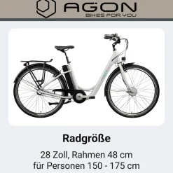 Agon Aurora 28 Zoll E-Bike 28 Zoll Citybike bis 130 km Damen Herren 150 - 175 cm Pedelec Elektrofahrrad 3 Gang und Beleuchtung StVZO telegrey