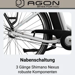 Agon Aurora 28 Zoll E-Bike 28 Zoll Citybike bis 130 km Damen Herren 150 - 175 cm Pedelec Elektrofahrrad 3 Gang und Beleuchtung StVZO telegrey