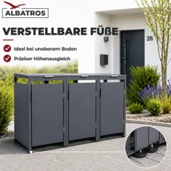 ALBATROS Mülltonnenbox 3er Hauswandversion, 120L bis 240L, für Drei Tonnen, verzinktes Metall RAL7016 Anthrazit, offene Rückseite, bessere Belüftung, wetterfest, ISO9227, verstellbare Füße Best