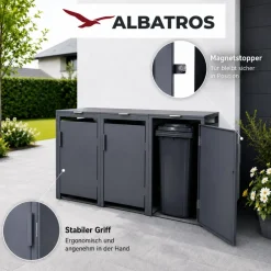 ALBATROS Mülltonnenbox 3er Hauswandversion, 120L bis 240L, für Drei Tonnen, verzinktes Metall RAL7016 Anthrazit, offene Rückseite, bessere Belüftung, wetterfest, ISO9227, verstellbare Füße Best