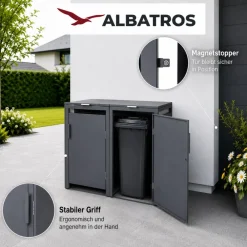 Mülltonnenbox 2er Hauswandversion, 120L bis 240L, für Zwei Tonnen, verzinktes Metall RAL7016 Anthrazit, offene Rückseite, bessere Belüftung, wetterfest, ISO9227, verstellbare Füße ^ ALBATROS Clearance