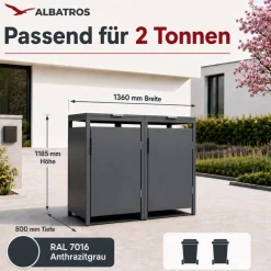 Mülltonnenbox 2er Hauswandversion, 120L bis 240L, für Zwei Tonnen, verzinktes Metall RAL7016 Anthrazit, offene Rückseite, bessere Belüftung, wetterfest, ISO9227, verstellbare Füße ^ ALBATROS Clearance