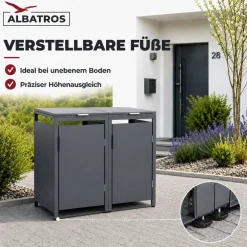 Mülltonnenbox 2er Hauswandversion, 120L bis 240L, für Zwei Tonnen, verzinktes Metall RAL7016 Anthrazit, offene Rückseite, bessere Belüftung, wetterfest, ISO9227, verstellbare Füße ^ ALBATROS Clearance