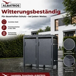 Mülltonnenbox 2er Hauswandversion, 120L bis 240L, für Zwei Tonnen, verzinktes Metall RAL7016 Anthrazit, offene Rückseite, bessere Belüftung, wetterfest, ISO9227, verstellbare Füße ^ ALBATROS Clearance