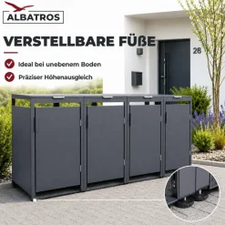 Mülltonnenbox 4er Hauswandversion, 120L bis 240L, für Vier Tonnen, verzinktes Metall RAL7016 Anthrazit, offene Rückseite, bessere Belüftung, wetterfest, ISO9227, verstellbare Füße ^ ALBATROS Clearance