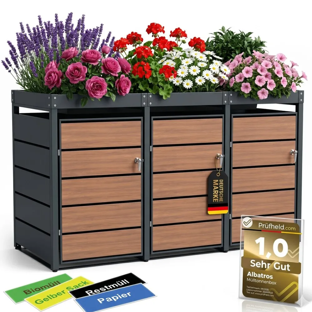 Mülltonnenbox 2er Holzdekor mit Pflanzkasten, 120L bis 240L, für Zwei Tonnen, Metall, Anthrazit Grau RAL7016, abschließbar, wetterfest, geprüft ISO9227, mit Aufkleber Set ^ ALBATROS Discount