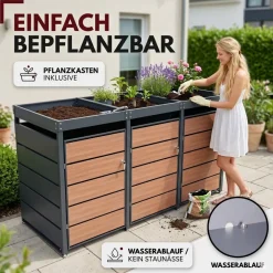 Mülltonnenbox 2er Holzdekor mit Pflanzkasten, 120L bis 240L, für Zwei Tonnen, Metall, Anthrazit Grau RAL7016, abschließbar, wetterfest, geprüft ISO9227, mit Aufkleber Set ^ ALBATROS Discount