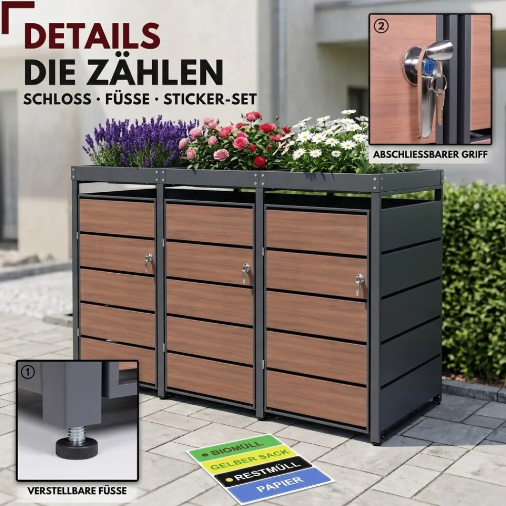 Mülltonnenbox 2er Holzdekor mit Pflanzkasten, 120L bis 240L, für Zwei Tonnen, Metall, Anthrazit Grau RAL7016, abschließbar, wetterfest, geprüft ISO9227, mit Aufkleber Set ^ ALBATROS Discount