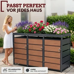 Mülltonnenbox 2er Holzdekor mit Pflanzkasten, 120L bis 240L, für Zwei Tonnen, Metall, Anthrazit Grau RAL7016, abschließbar, wetterfest, geprüft ISO9227, mit Aufkleber Set ^ ALBATROS Discount