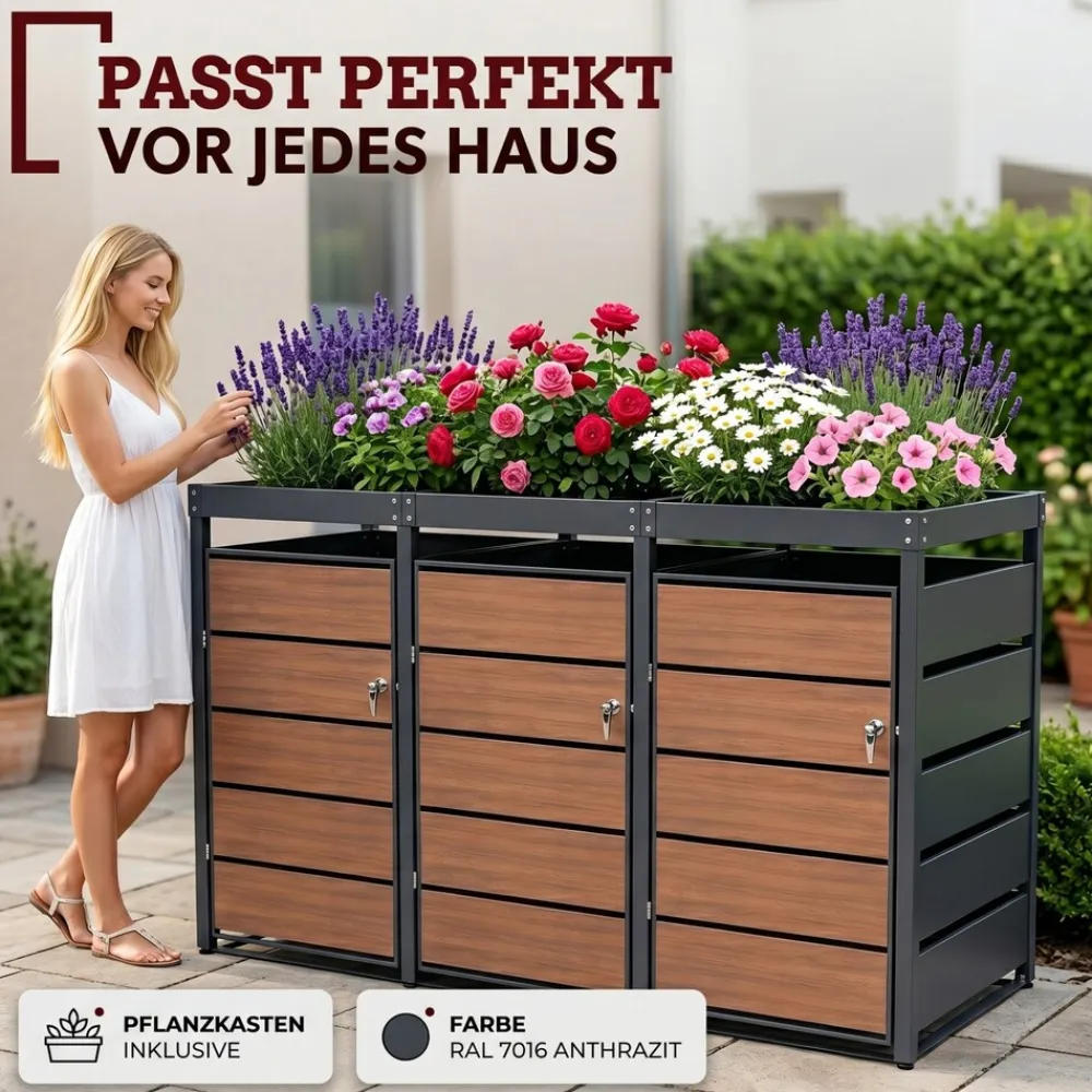 Mülltonnenbox 2er Holzdekor mit Pflanzkasten, 120L bis 240L, für Zwei Tonnen, Metall, Anthrazit Grau RAL7016, abschließbar, wetterfest, geprüft ISO9227, mit Aufkleber Set ^ ALBATROS Discount