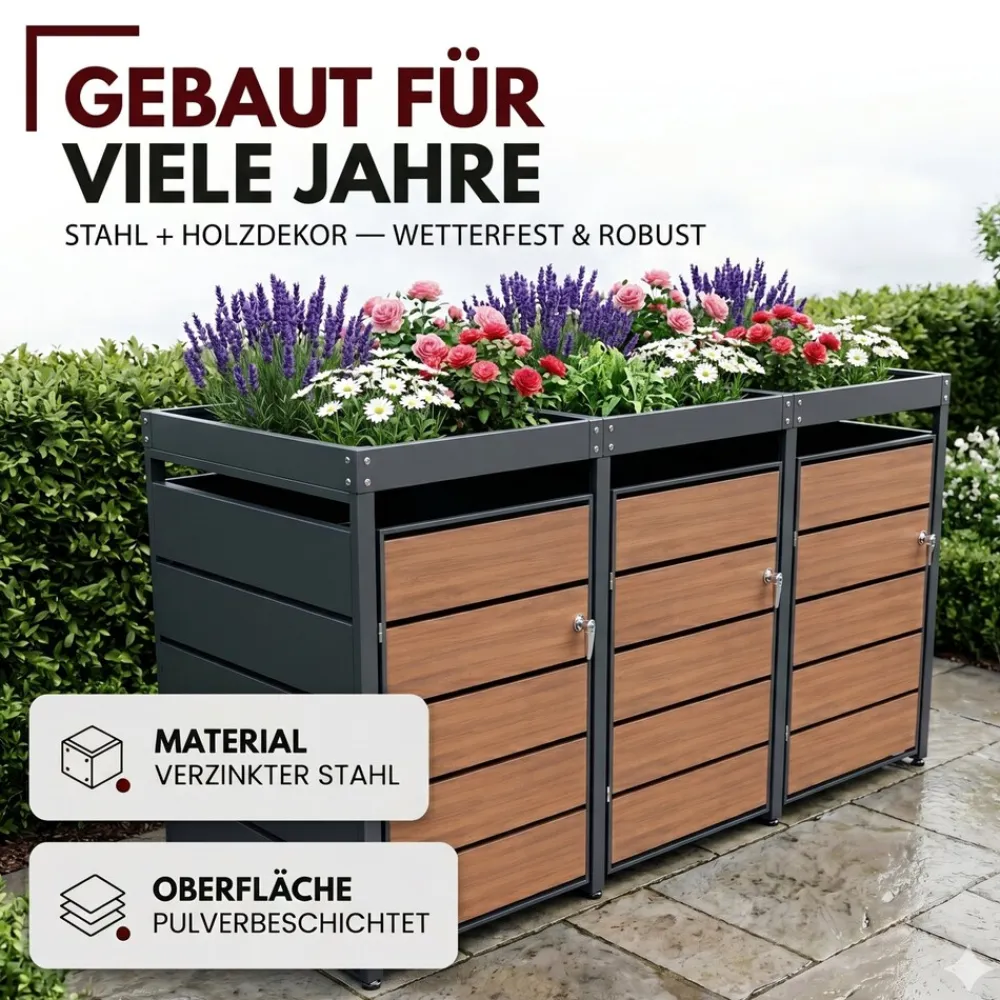 Mülltonnenbox 2er Holzdekor mit Pflanzkasten, 120L bis 240L, für Zwei Tonnen, Metall, Anthrazit Grau RAL7016, abschließbar, wetterfest, geprüft ISO9227, mit Aufkleber Set ^ ALBATROS Discount