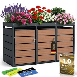 Mülltonnenbox 2er Holzdekor mit Pflanzkasten, 120L bis 240L, für Zwei Tonnen, Metall, Anthrazit Grau RAL7016, abschließbar, wetterfest, geprüft ISO9227, mit Aufkleber Set ^ ALBATROS Discount