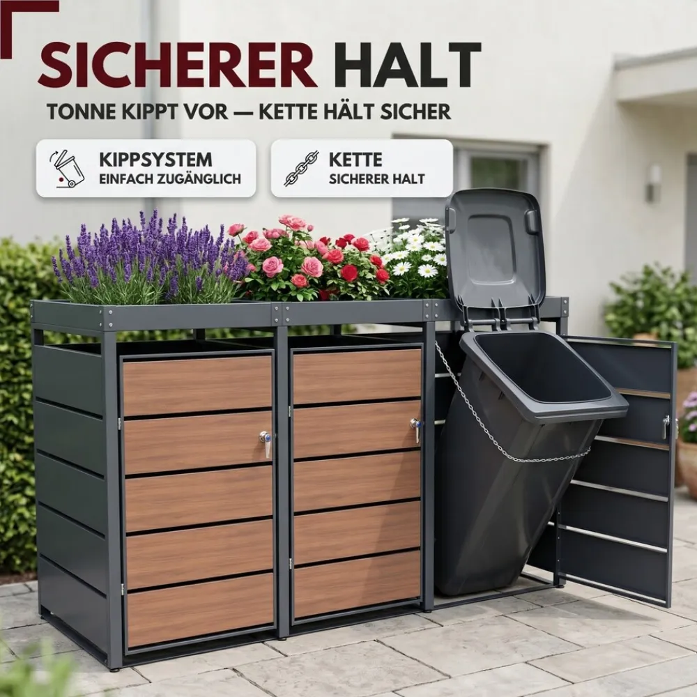 Mülltonnenbox 2er Holzdekor mit Pflanzkasten, 120L bis 240L, für Zwei Tonnen, Metall, Anthrazit Grau RAL7016, abschließbar, wetterfest, geprüft ISO9227, mit Aufkleber Set ^ ALBATROS Discount