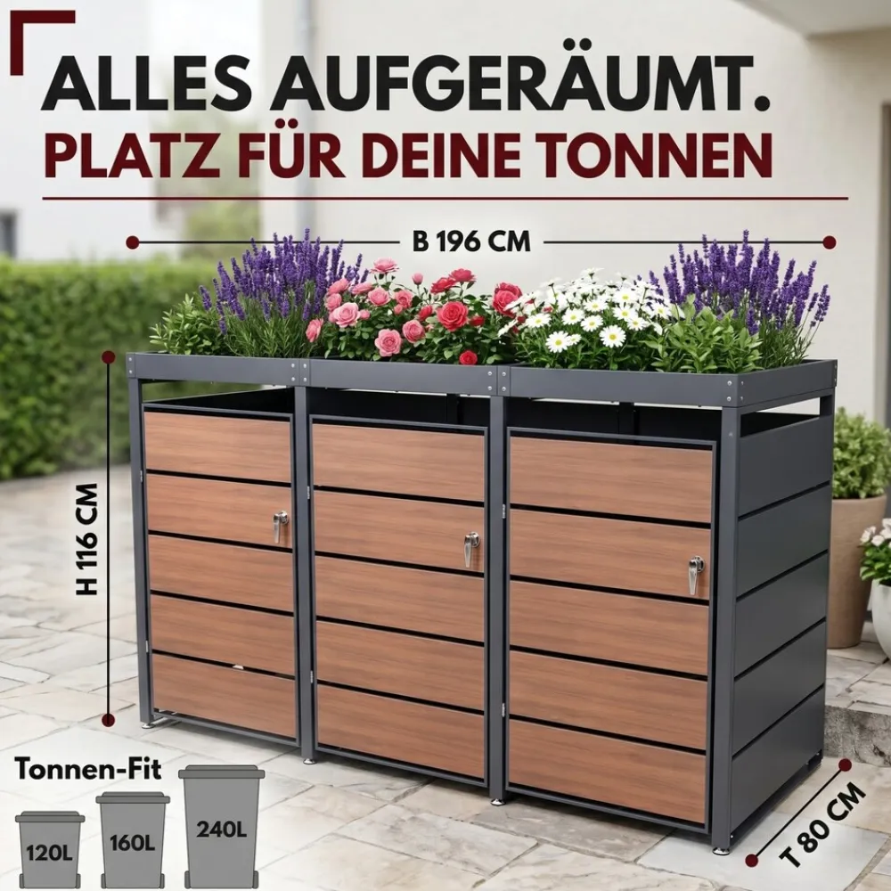 Mülltonnenbox 2er Holzdekor mit Pflanzkasten, 120L bis 240L, für Zwei Tonnen, Metall, Anthrazit Grau RAL7016, abschließbar, wetterfest, geprüft ISO9227, mit Aufkleber Set ^ ALBATROS Discount