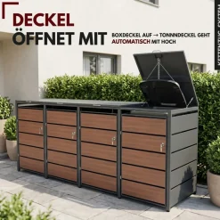 ALBATROS Mülltonnenbox 4er Holzdekor, 120L bis 240L, für Vier Tonnen, Mülltonnenverkleidung aus verzinktem Metall mit Holzdekor-Front, Anthrazit Grau RAL7016, abschließbar, wetterfest, geprüft nach ISO9227, mit Aufkleber Set Best
