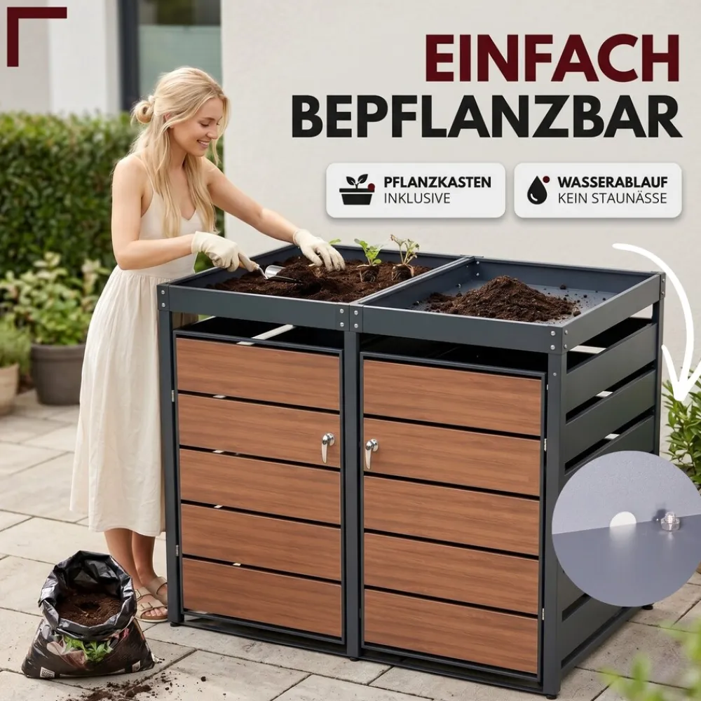 Mülltonnenbox 2er Holzdekor mit Pflanzkasten, 120L bis 240L, für Zwei Tonnen, Metall, Anthrazit Grau RAL7016, abschließbar, wetterfest, geprüft ISO9227, mit Aufkleber Set ^ ALBATROS Hot
