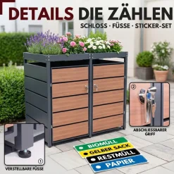 Mülltonnenbox 2er Holzdekor mit Pflanzkasten, 120L bis 240L, für Zwei Tonnen, Metall, Anthrazit Grau RAL7016, abschließbar, wetterfest, geprüft ISO9227, mit Aufkleber Set ^ ALBATROS Hot