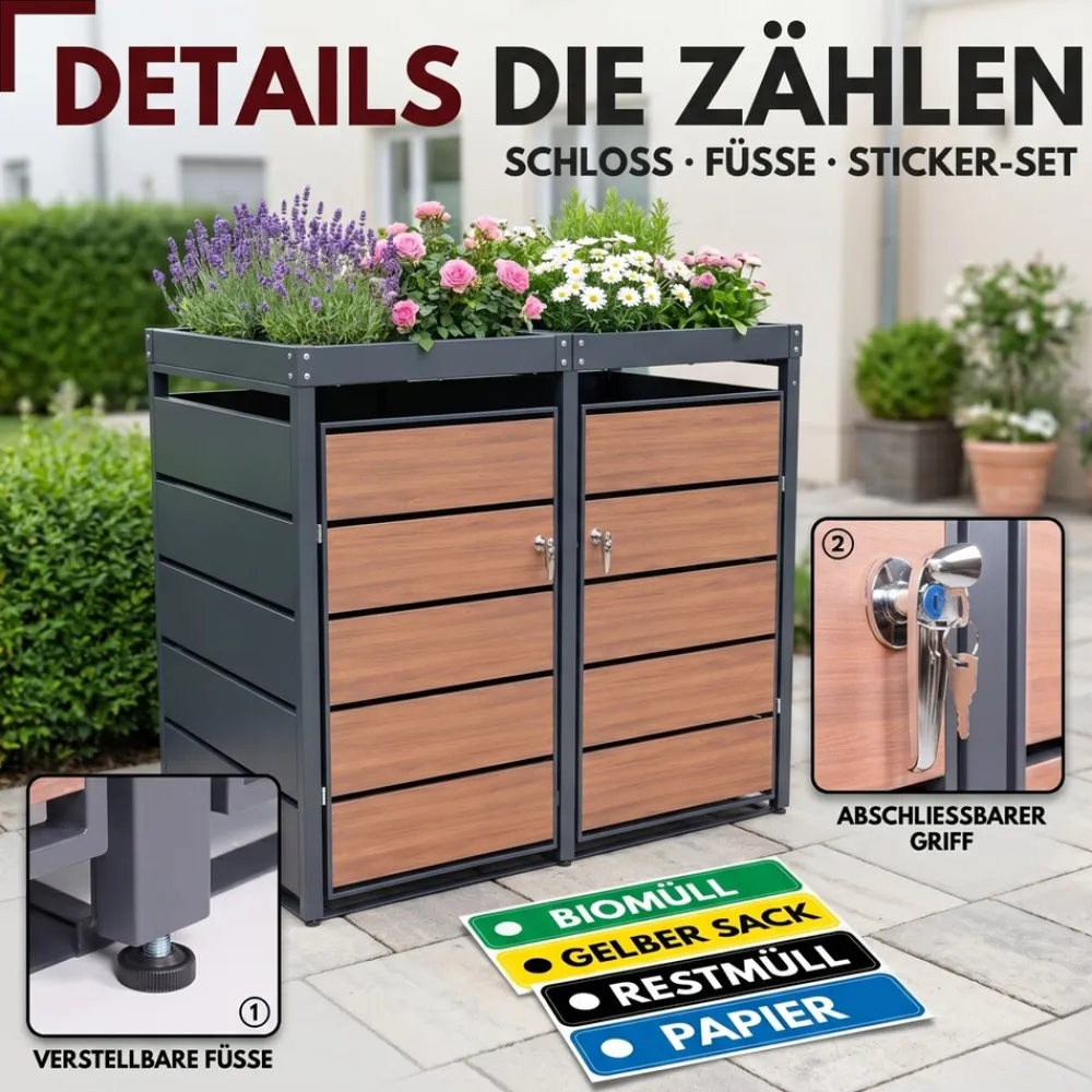 Mülltonnenbox 2er Holzdekor mit Pflanzkasten, 120L bis 240L, für Zwei Tonnen, Metall, Anthrazit Grau RAL7016, abschließbar, wetterfest, geprüft ISO9227, mit Aufkleber Set ^ ALBATROS Hot