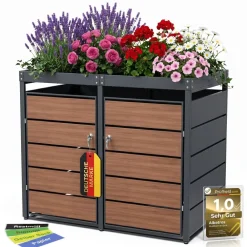 Mülltonnenbox 2er Holzdekor mit Pflanzkasten, 120L bis 240L, für Zwei Tonnen, Metall, Anthrazit Grau RAL7016, abschließbar, wetterfest, geprüft ISO9227, mit Aufkleber Set ^ ALBATROS Hot