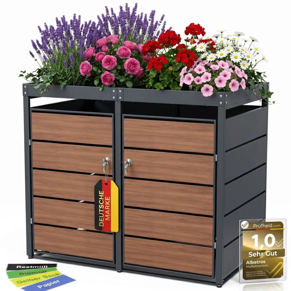 Mülltonnenbox 2er Holzdekor mit Pflanzkasten, 120L bis 240L, für Zwei Tonnen, Metall, Anthrazit Grau RAL7016, abschließbar, wetterfest, geprüft ISO9227, mit Aufkleber Set ^ ALBATROS Hot