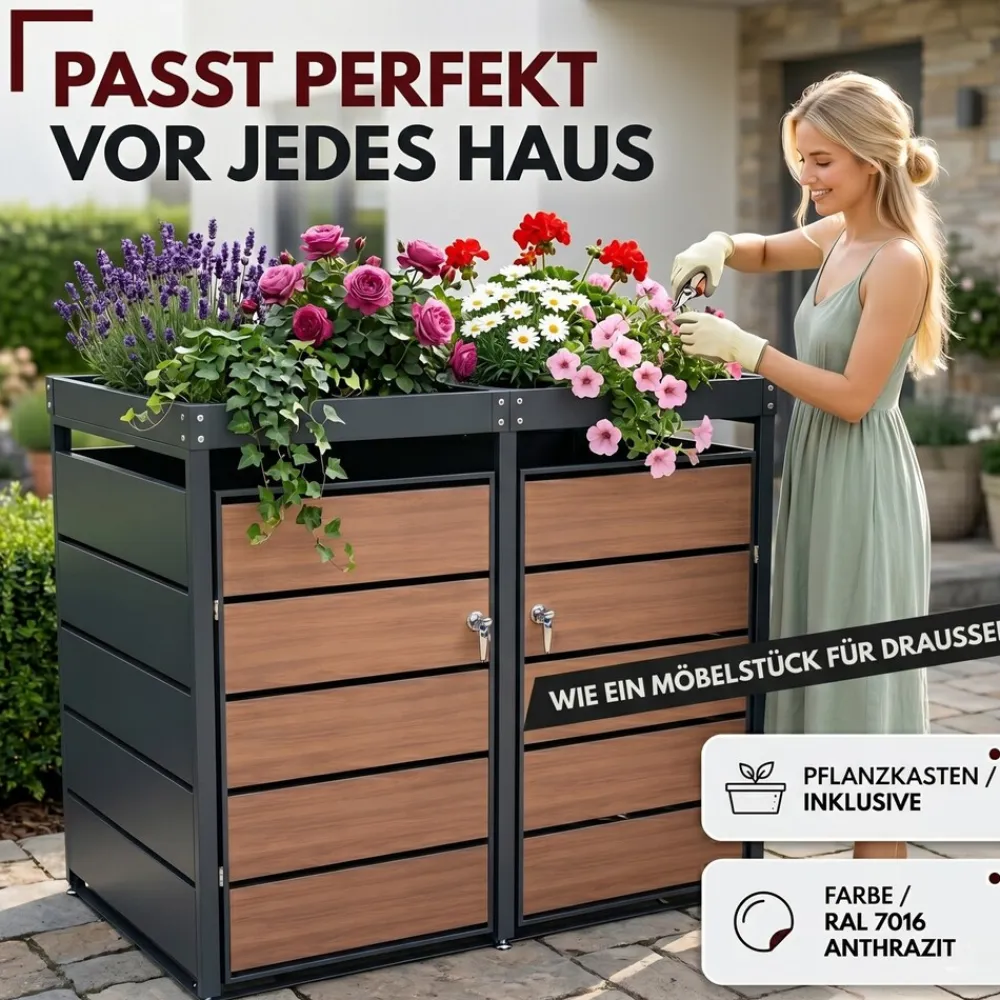 Mülltonnenbox 2er Holzdekor mit Pflanzkasten, 120L bis 240L, für Zwei Tonnen, Metall, Anthrazit Grau RAL7016, abschließbar, wetterfest, geprüft ISO9227, mit Aufkleber Set ^ ALBATROS Hot