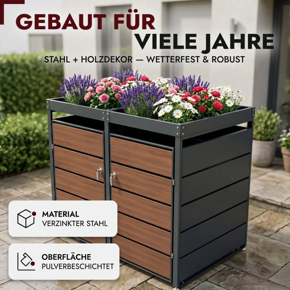 Mülltonnenbox 2er Holzdekor mit Pflanzkasten, 120L bis 240L, für Zwei Tonnen, Metall, Anthrazit Grau RAL7016, abschließbar, wetterfest, geprüft ISO9227, mit Aufkleber Set ^ ALBATROS Hot