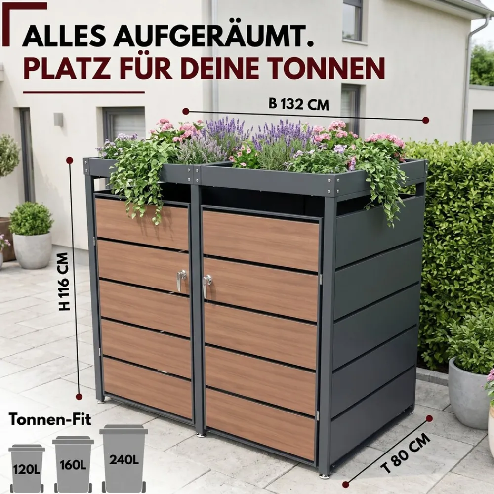 Mülltonnenbox 2er Holzdekor mit Pflanzkasten, 120L bis 240L, für Zwei Tonnen, Metall, Anthrazit Grau RAL7016, abschließbar, wetterfest, geprüft ISO9227, mit Aufkleber Set ^ ALBATROS Hot