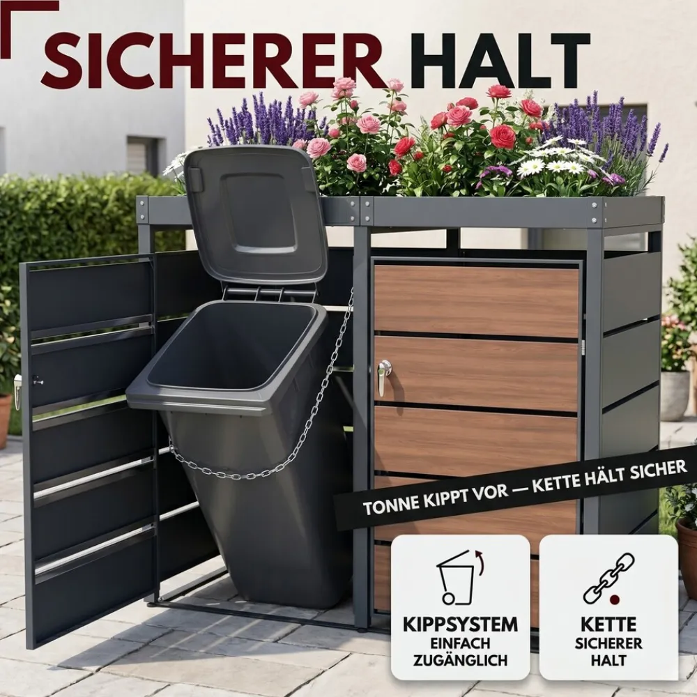Mülltonnenbox 2er Holzdekor mit Pflanzkasten, 120L bis 240L, für Zwei Tonnen, Metall, Anthrazit Grau RAL7016, abschließbar, wetterfest, geprüft ISO9227, mit Aufkleber Set ^ ALBATROS Hot