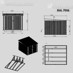 Premium Fahrradgarage – verzinktes Metall in Anthrazit (RAL 7016) | 203x229x162cm| für bis zu 4 Fahrräder | wetterfest ^ ALBATROS Outlet