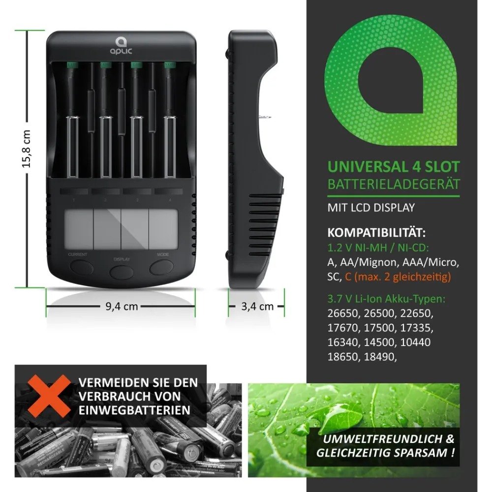 Batterie-Ladegerät 1000 mA, für Akku, mit USB-Ladeport für Li-ion / 18650 / Ni-MH / Ni-CD Akkus ^ Aplic Outlet