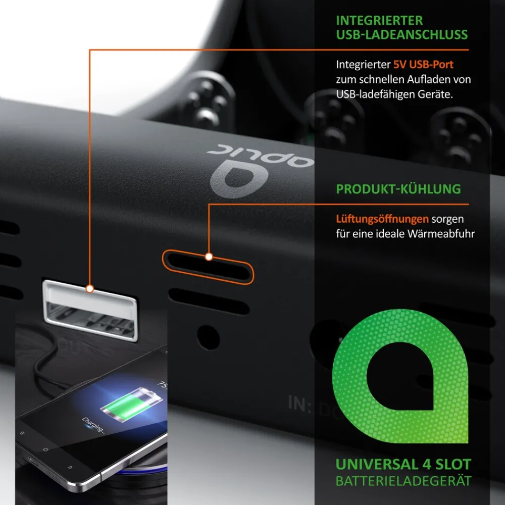 Batterie-Ladegerät 1000 mA, für Akku, mit USB-Ladeport für Li-ion / 18650 / Ni-MH / Ni-CD Akkus ^ Aplic Outlet