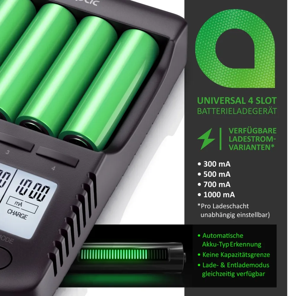 Batterie-Ladegerät 1000 mA, für Akku, mit USB-Ladeport für Li-ion / 18650 / Ni-MH / Ni-CD Akkus ^ Aplic Outlet