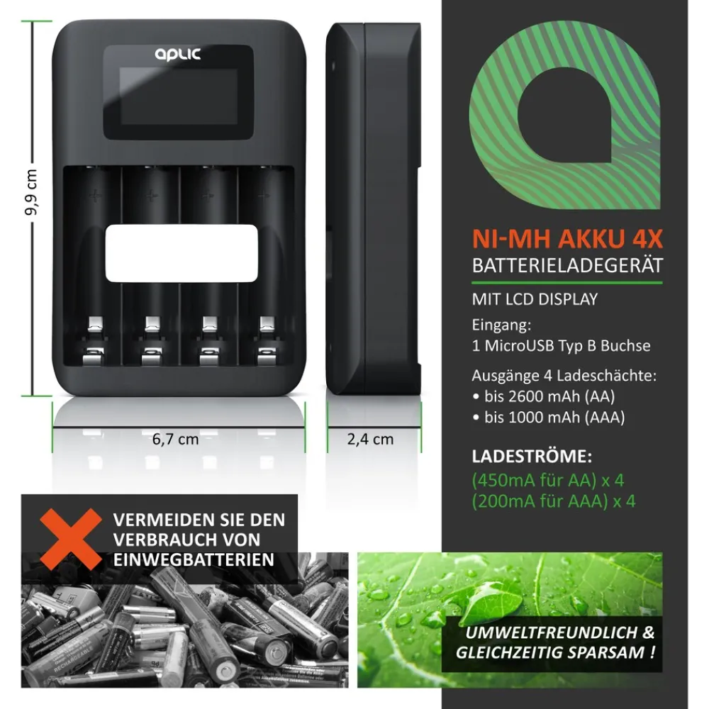 Batterie-Ladegerät 1800 mA, 4-Schacht USB Ni-MH Akku-Lader, Individuelle Ladeschachtüberwachung ^ Aplic Hot