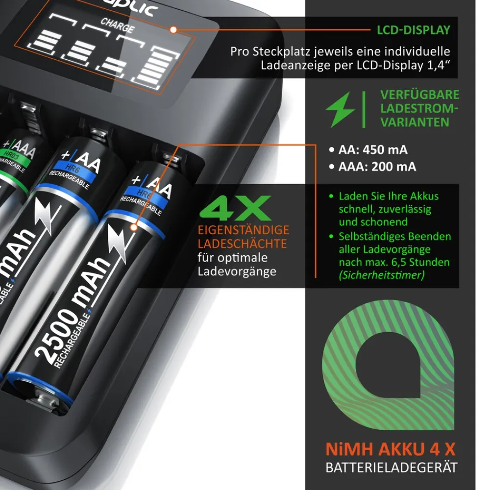 Batterie-Ladegerät 1800 mA, 4-Schacht USB Ni-MH Akku-Lader, Individuelle Ladeschachtüberwachung ^ Aplic Hot
