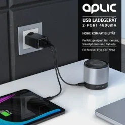 Aplic USB-Ladegerät 4800 mA, 2-Port Netzteil für Handy/Smartphone/Tablet, 4800mA - 2400mA je Port Online