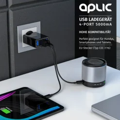Aplic USB-Ladegerät 5000 mA, 4-Port Netzteil für Handy, Tablet uvm. 5000mA, 2,4A Max. je Port, 25W Clearance