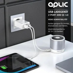 USB-Ladegerät 3000 mA, 2-Port, 30W, Quick Charge 3.0 (QC 3.0) Schnelladefunktion ^ Aplic Clearance