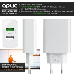 USB-Ladegerät 3000 mA, 2-Port, 30W, Quick Charge 3.0 (QC 3.0) Schnelladefunktion ^ Aplic Clearance