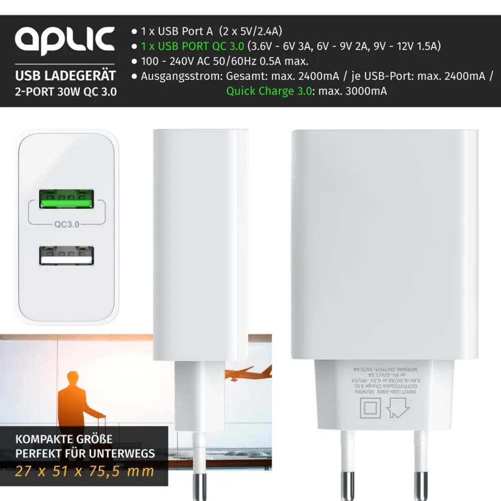 USB-Ladegerät 3000 mA, 2-Port, 30W, Quick Charge 3.0 (QC 3.0) Schnelladefunktion ^ Aplic Clearance