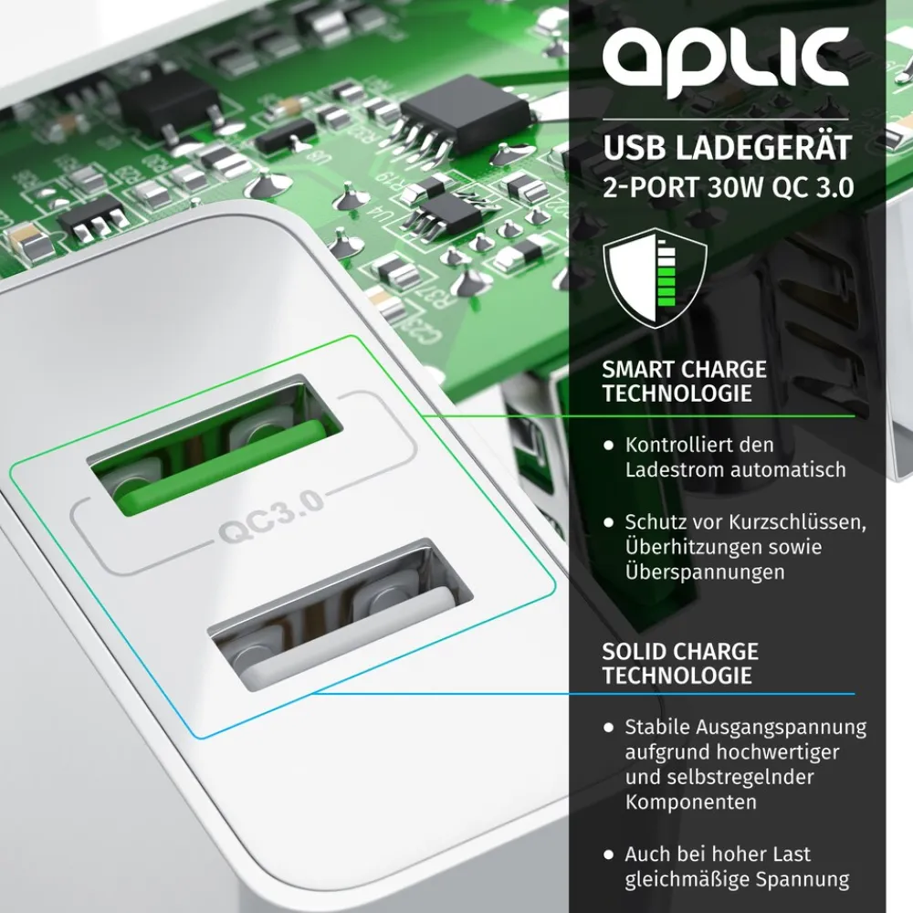 USB-Ladegerät 3000 mA, 2-Port, 30W, Quick Charge 3.0 (QC 3.0) Schnelladefunktion ^ Aplic Clearance