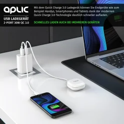 USB-Ladegerät 3000 mA, 2-Port, 30W, Quick Charge 3.0 (QC 3.0) Schnelladefunktion ^ Aplic Clearance