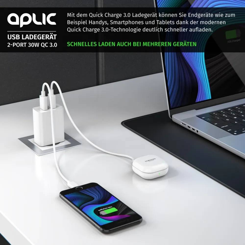 USB-Ladegerät 3000 mA, 2-Port, 30W, Quick Charge 3.0 (QC 3.0) Schnelladefunktion ^ Aplic Clearance